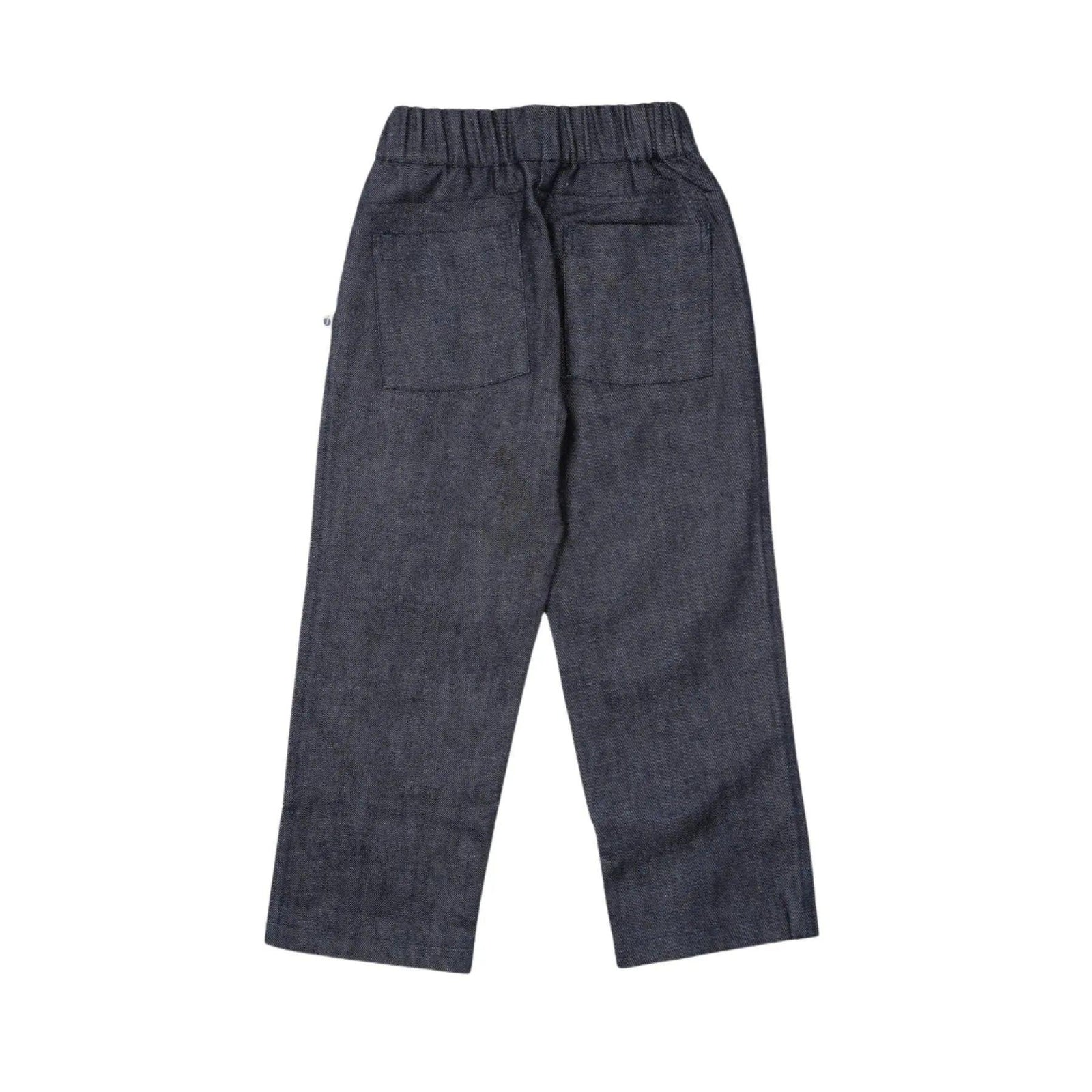 Back view of Jackalo kids' sustainable dark denim pants with elastic waistband and pockets