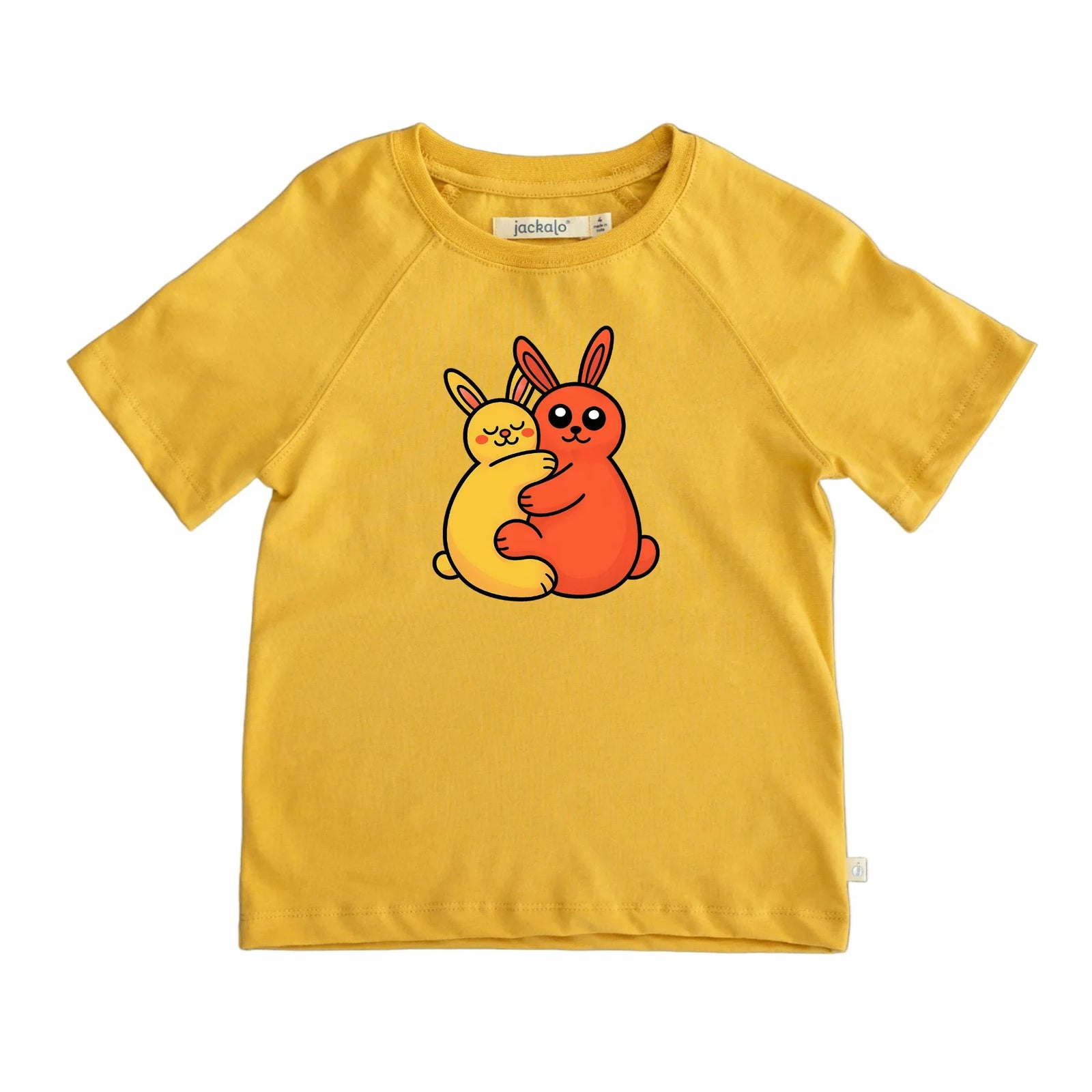 Ochre yellow Jackalo kids t-shirt with two hugging cartoon bunnies graphic on front