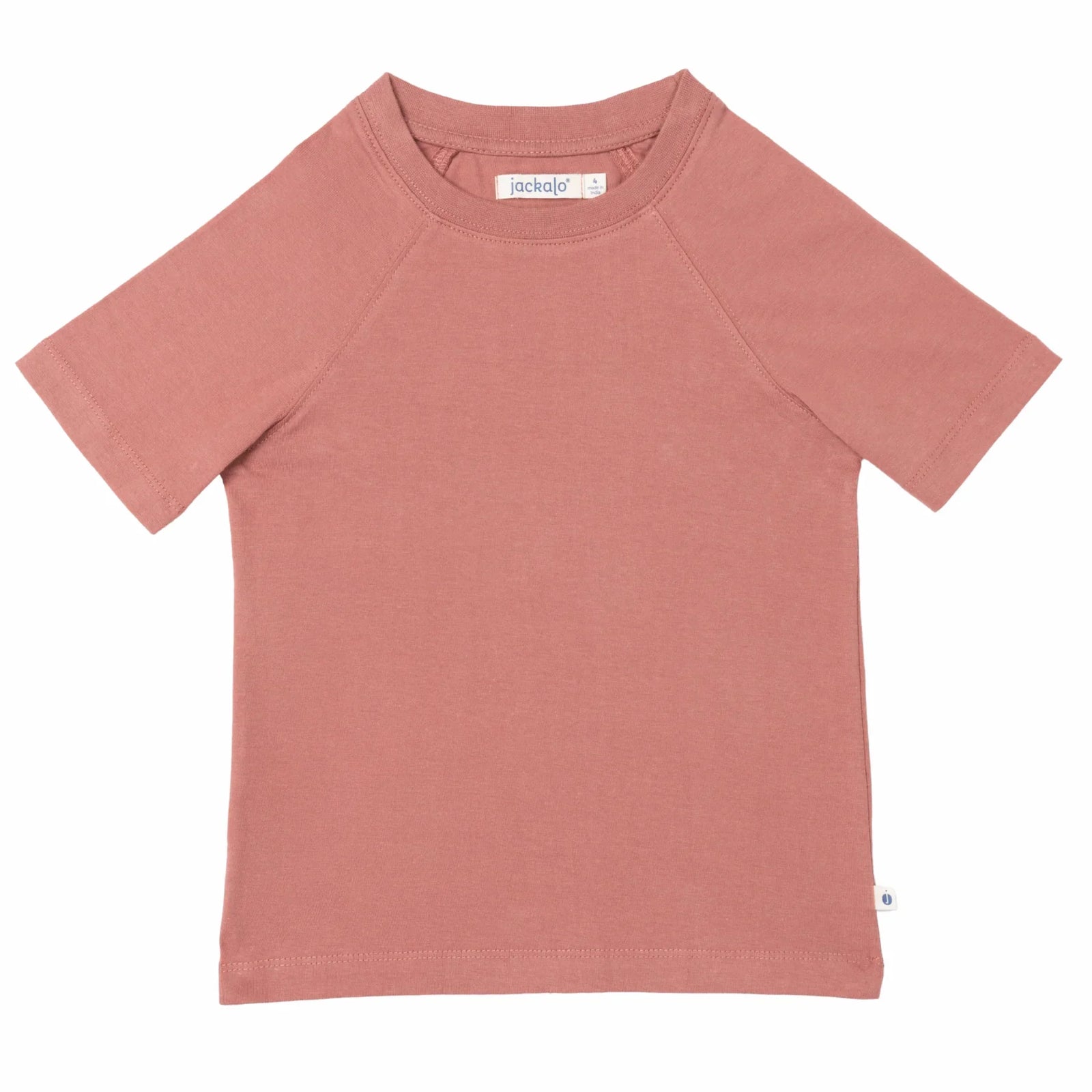 Jackalo kids sustainable mauve short sleeve t-shirt, front view, plain white background