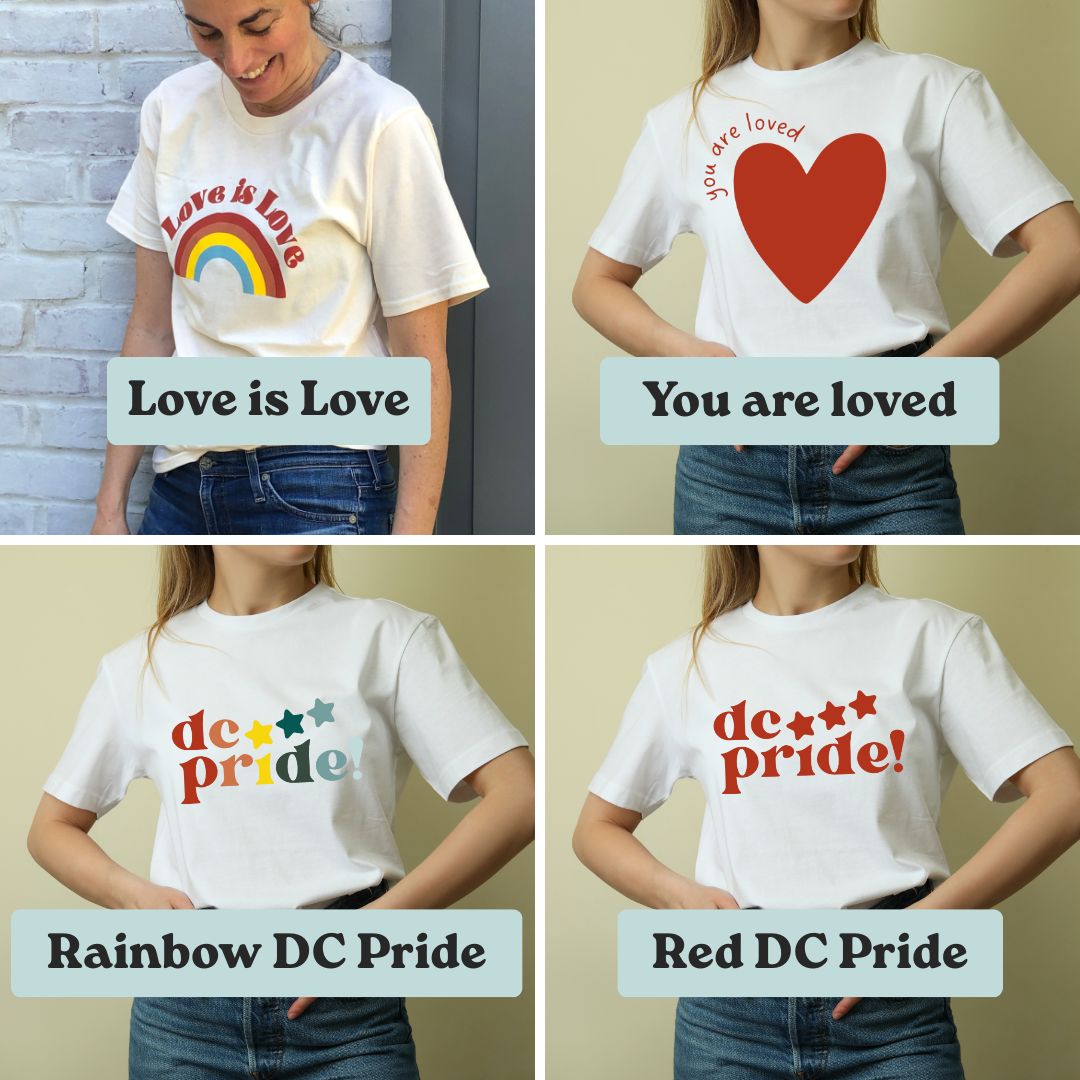 White kids' tees with love and pride designs: rainbow, heart, and DC Pride graphics for active, sustainable wear