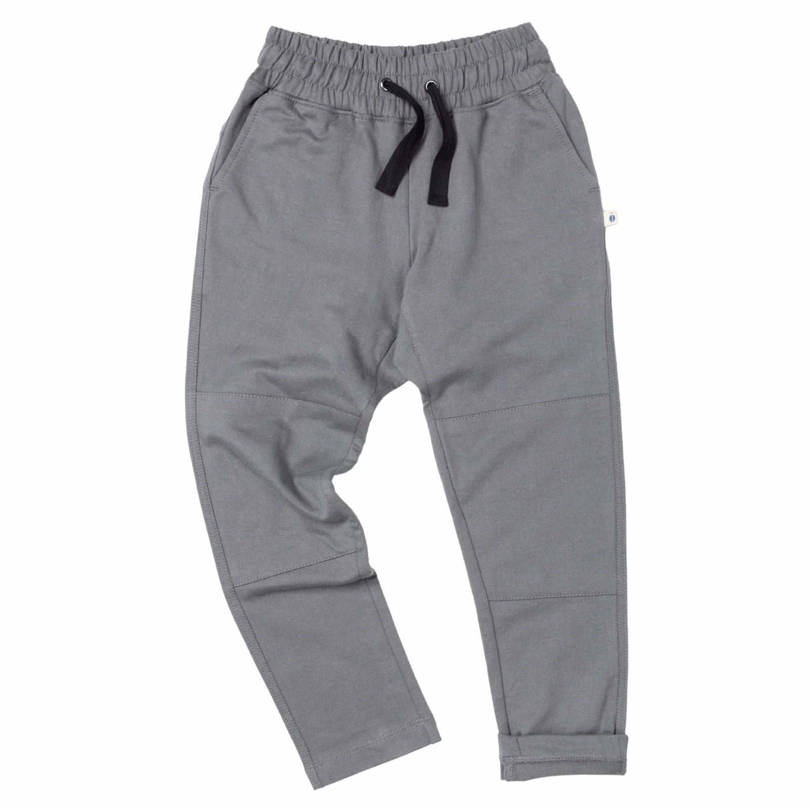 Gray kids jogger pants with black drawstring by Jackalo, sustainable children's clothing