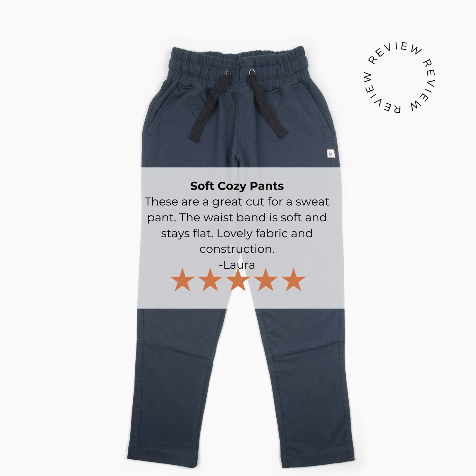5 star customer review of organic reinforced knee pants for kids in navy by Jackalo