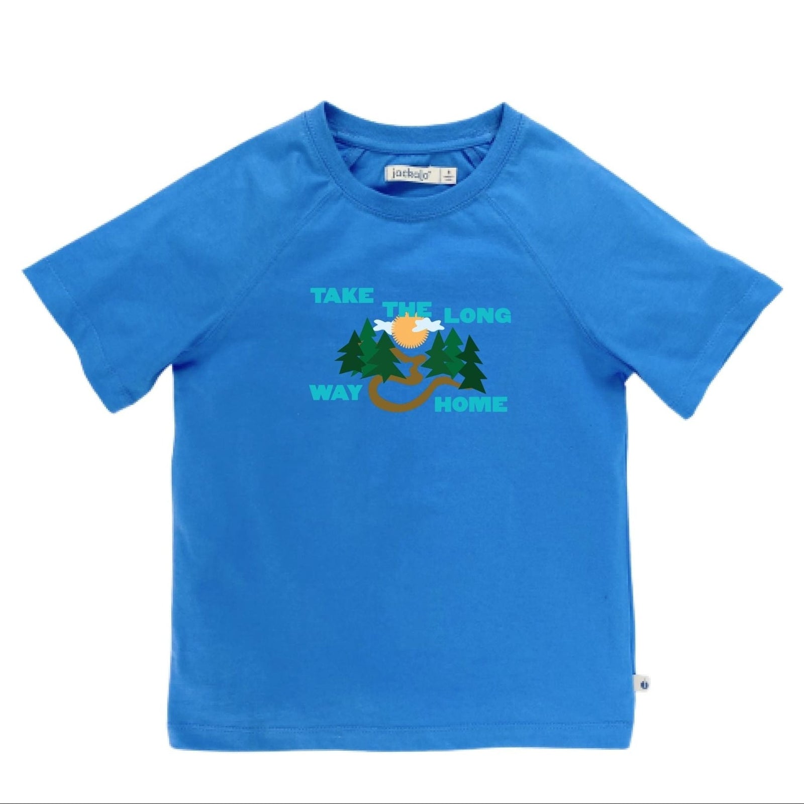 A bright blue short-sleeve kids' t-shirt with a central graphic of pine trees, a smiling sun, and a winding river, surrounded by the text 'TAKE THE LONG WAY HOME'.