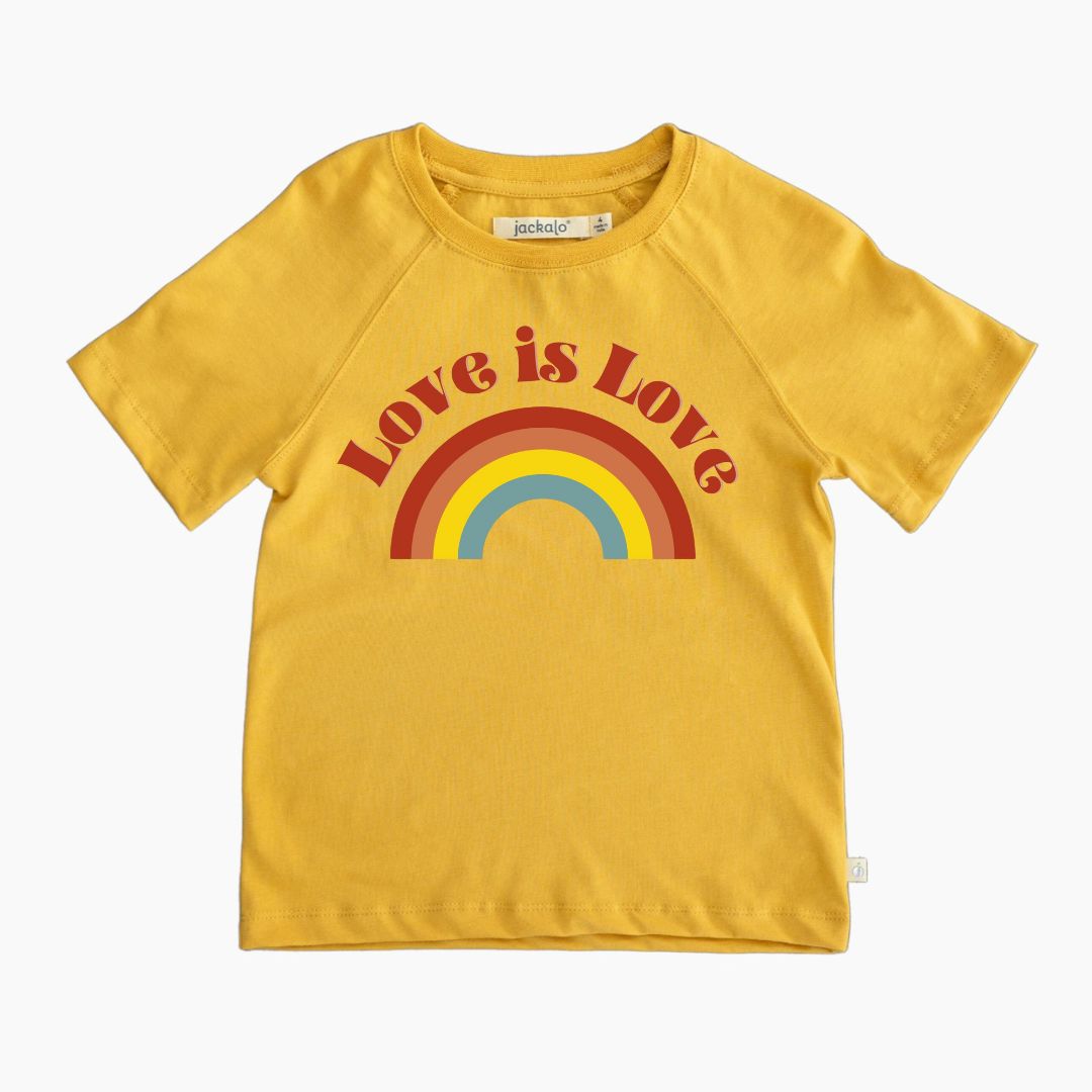 Organic ellow t-shirt with 'Love is Love' and rainbow design