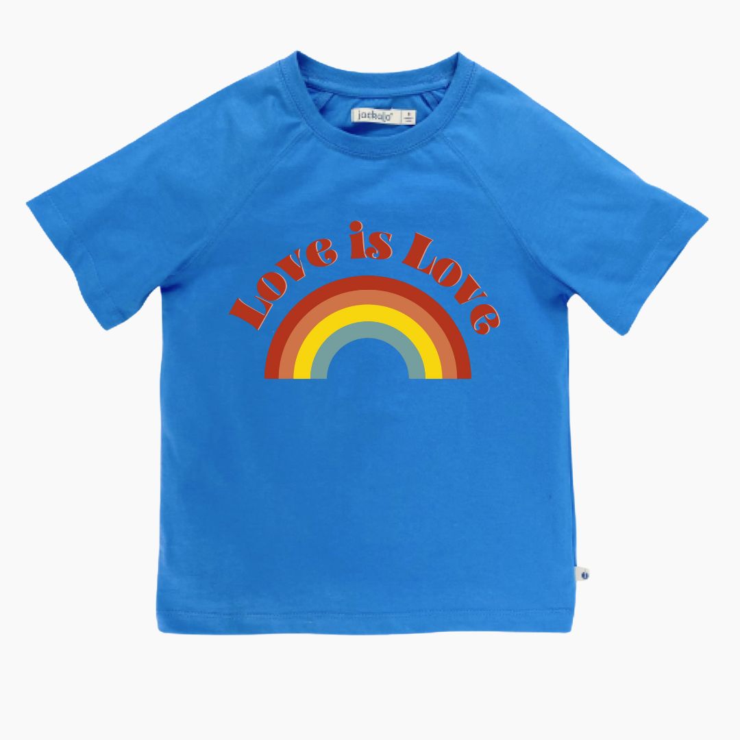 Organic blue t-shirt with rainbow and 'Love is Love' text