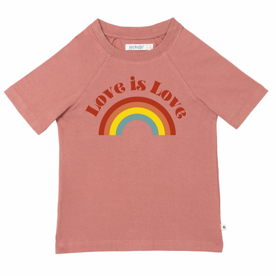 Organic pink t-shirt with rainbow and 'Love is Love' text