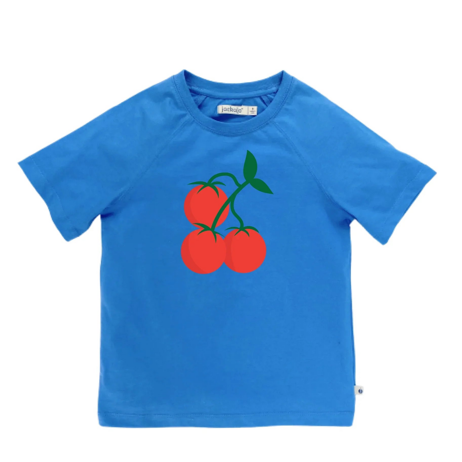 Blue kids t-shirt with red tomato graphic, sustainable and comfortable for active children
