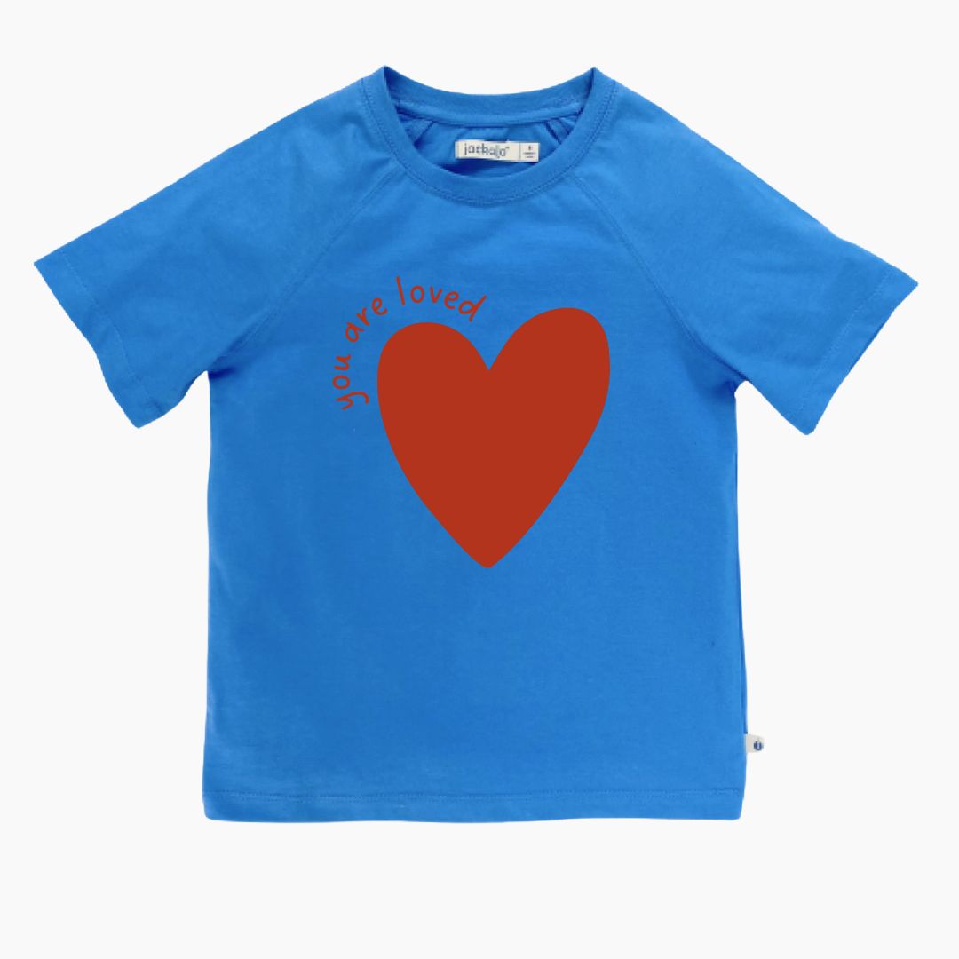 Organic blue t-shirt with a red heart and you are loved text