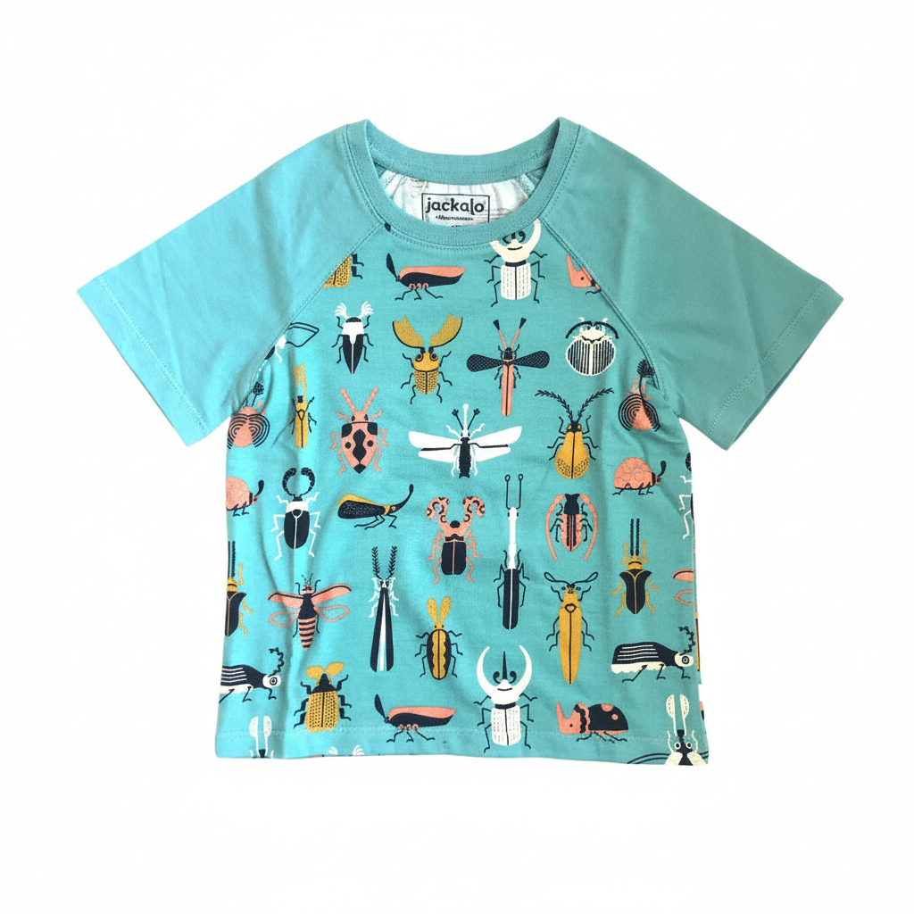 Kids' Jackalo blue t-shirt with colorful beetle and insect print, sustainable clothing