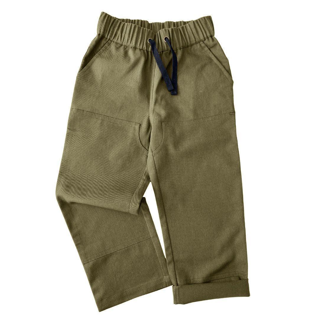 Dark olive kids' pants with elastic waist and drawstring, sustainable Jackalo clothing