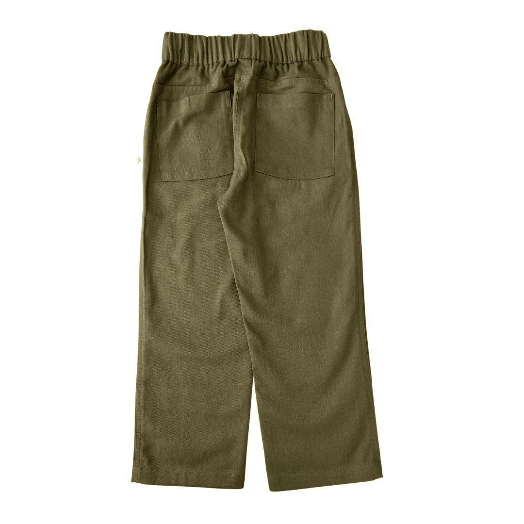 Dark olive kids pants with elastic waistband and back pockets, Jackalo sustainable clothing