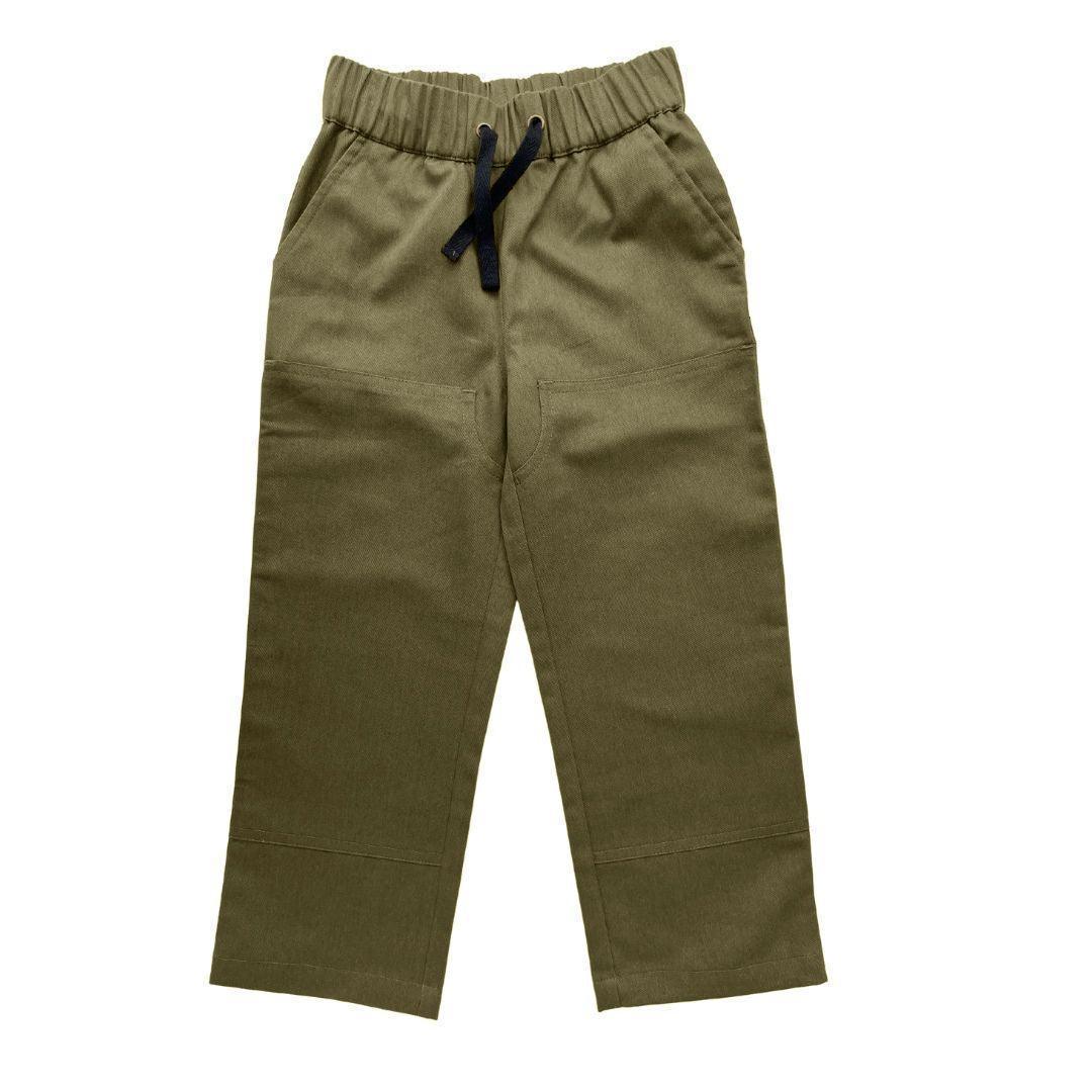 Dark olive kids pants with elastic waistband and drawstring, Jackalo sustainable clothing