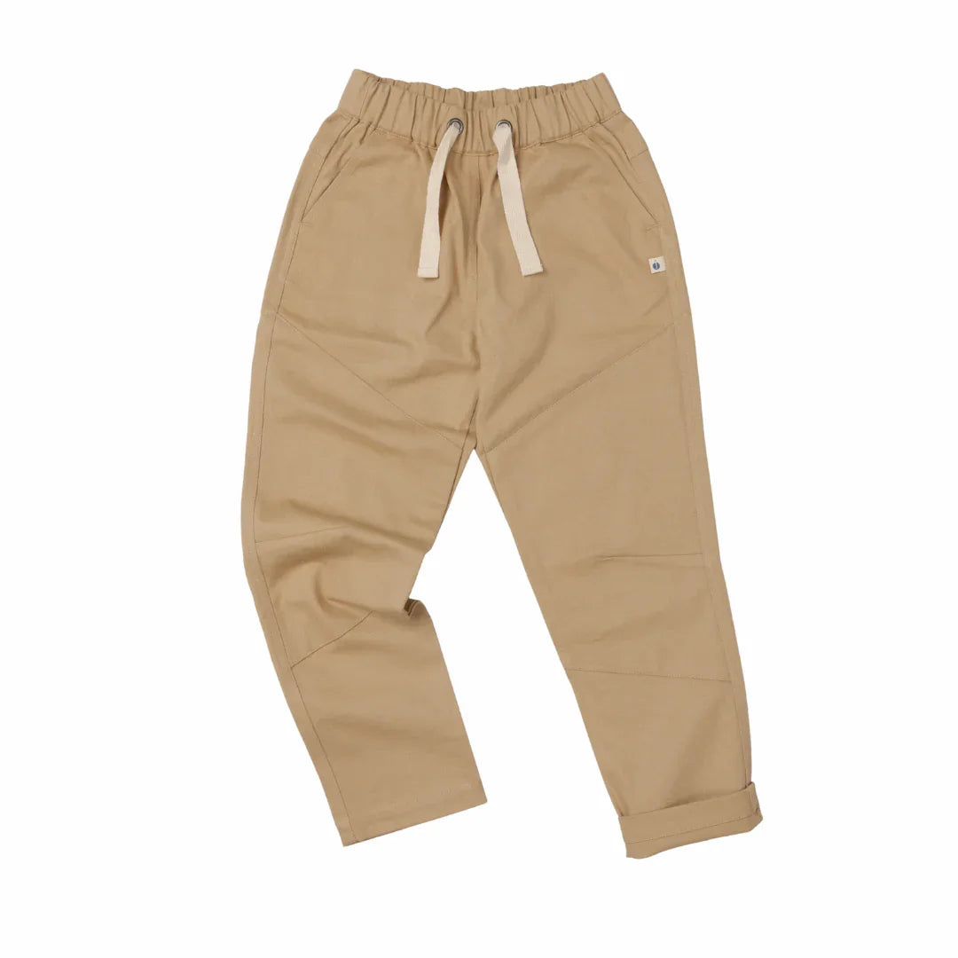 Ash khaki kids organic cotton twill  jogger pants with elastic waistband and drawstring by Jackalo, sustainable clothing