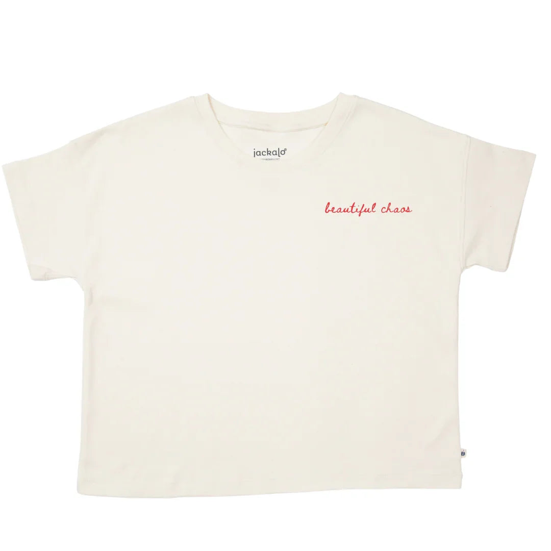 White t-shirt with 'beautiful chaos' text on a white background