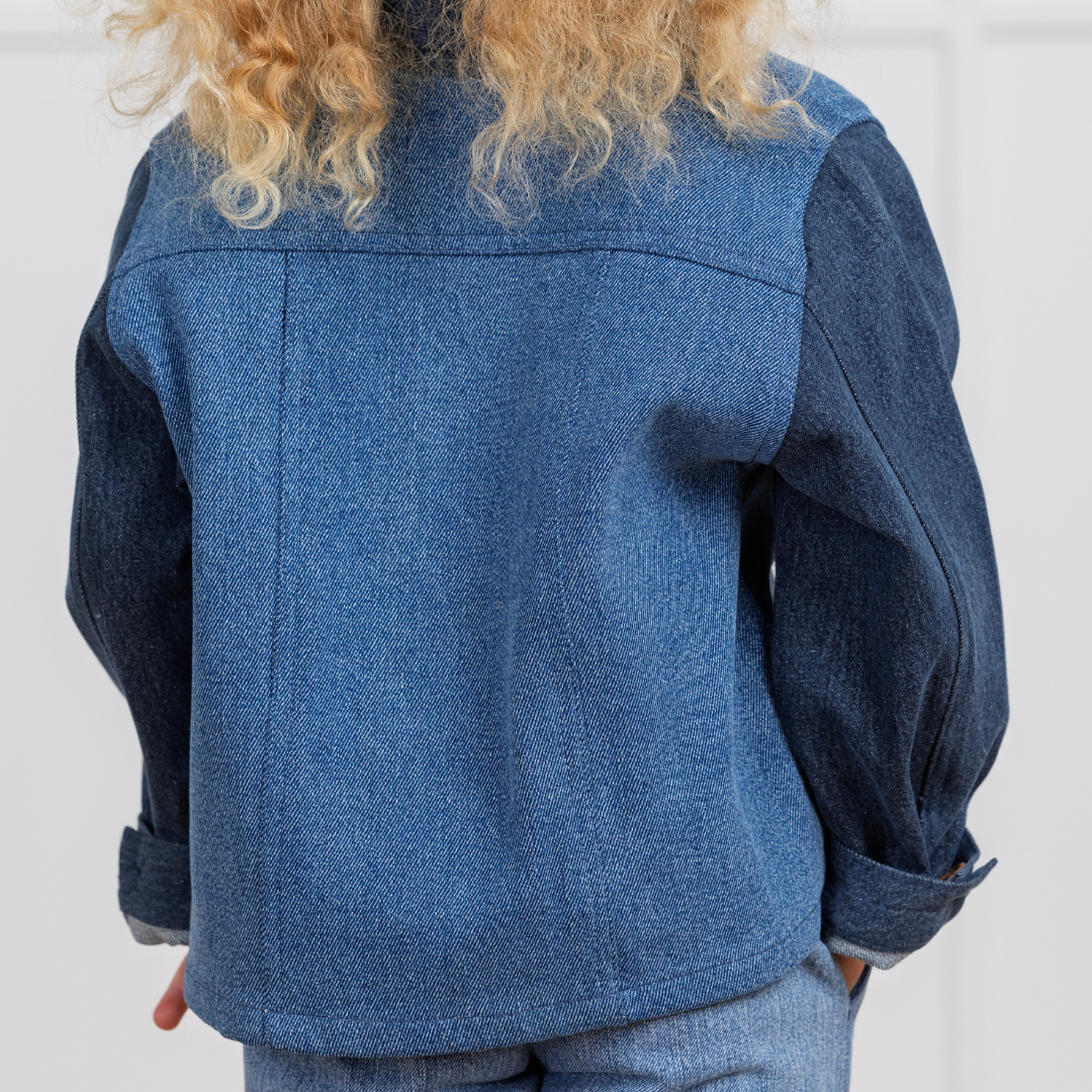 Kids denim jacket with contrasting sleeves, durable and comfortable for active play