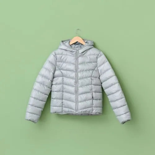 Blue puffer jacket on green background
