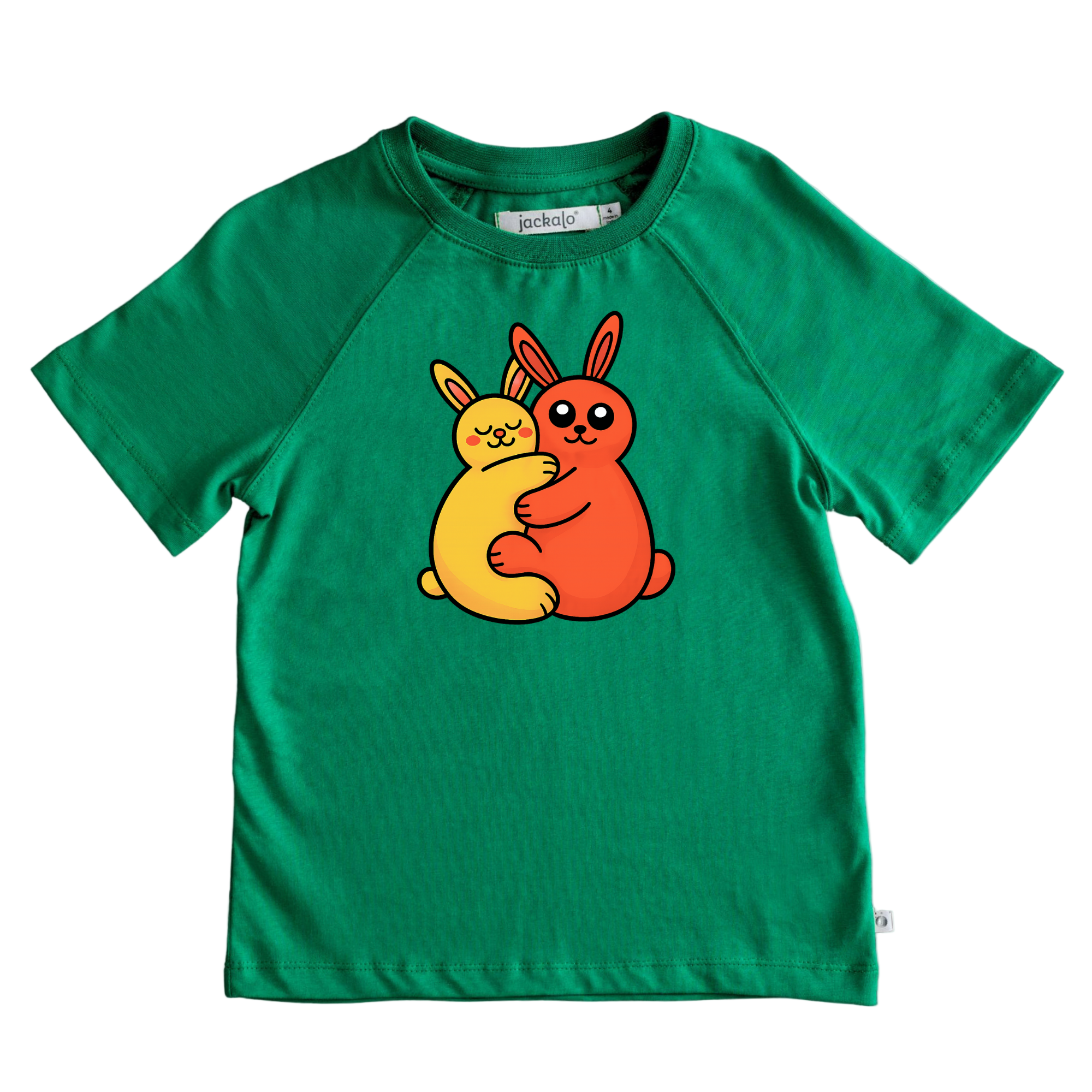 Organic cotton green t-shirt with cartoon rabbits background