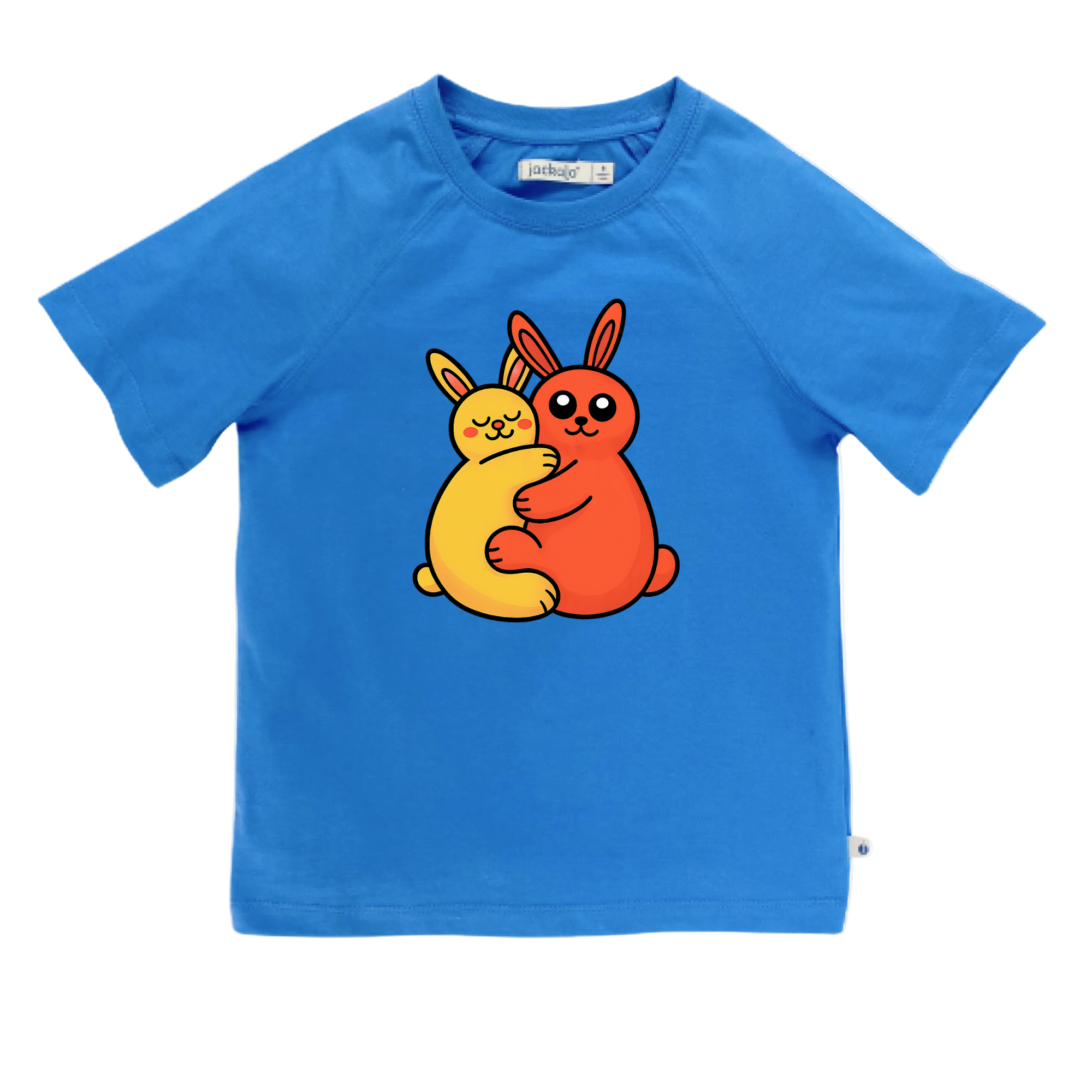Organic cotton blue t-shirt with cartoon rabbits background