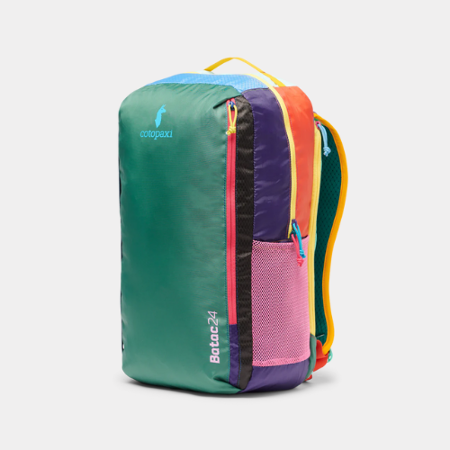 A vibrant backpack featuring colorful straps and a sleek zipper