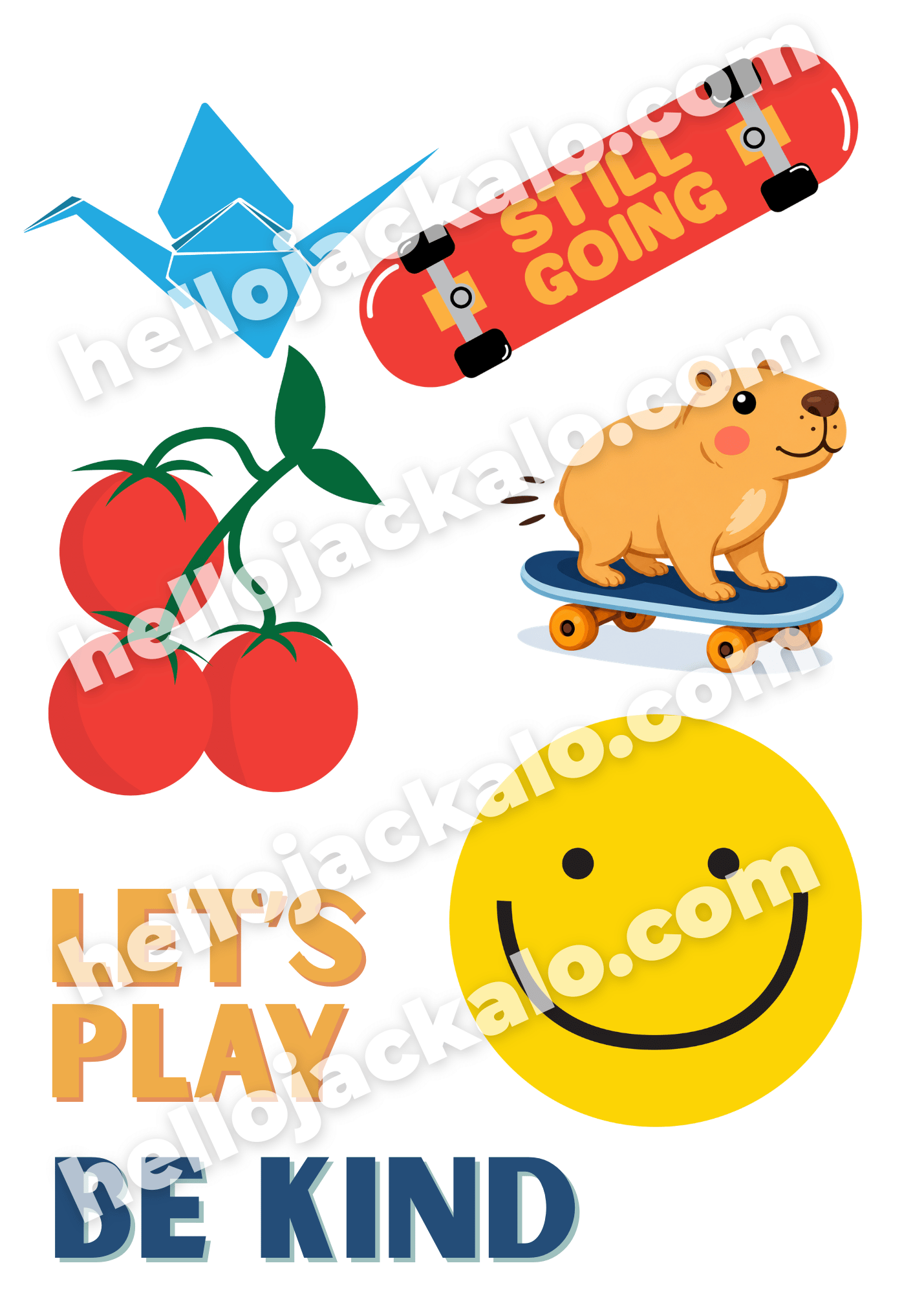 A person holds a stain cover sheet featuring colorful illustrations of a blue origami crane, red cherries, a yellow smiley face, a skateboard with the words 'LET'S PLAY', and a cartoon dog on a skateboard, with the text 'LET'S PLAY BE KIND'. The background is a solid bright red.