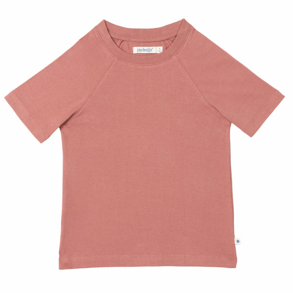 Jackalo kids sustainable mauve short sleeve t-shirt, front view, plain white background