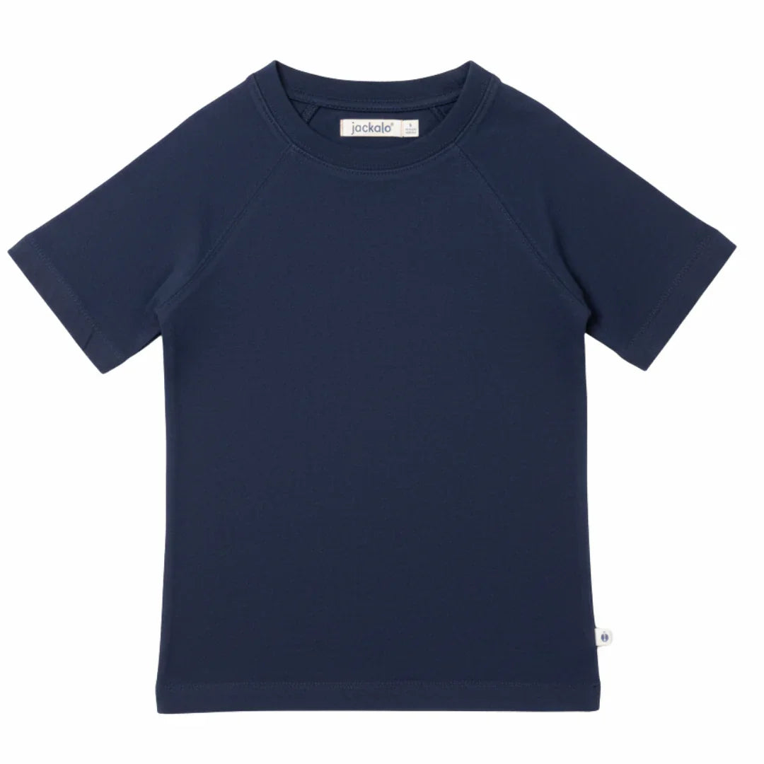 Navy blue kids' short sleeve tee with raglan sleeves, made for active play and comfort