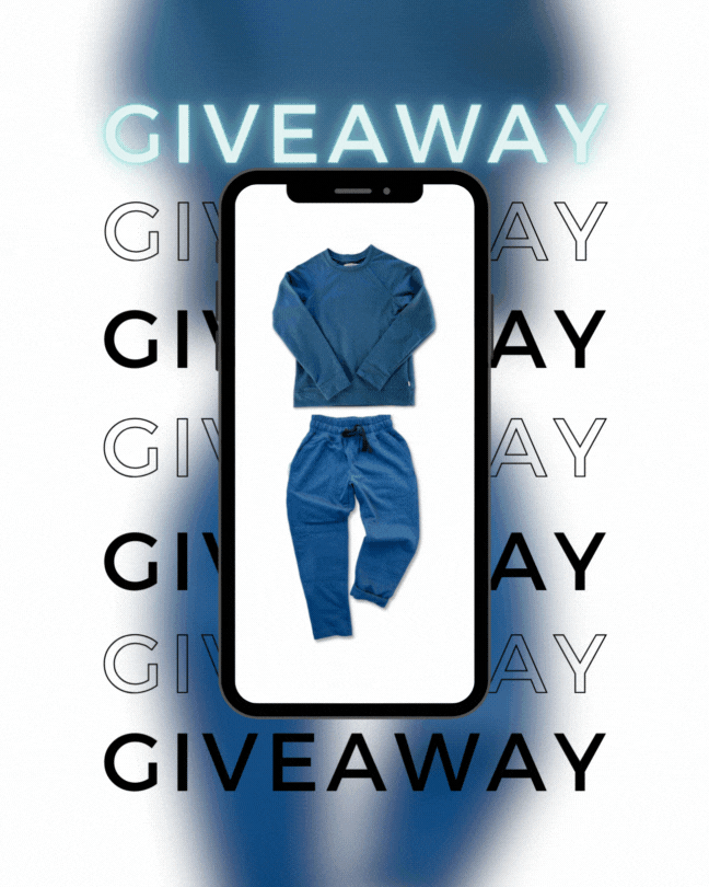 Giveaway Story photo with blue sweatshirt and pants