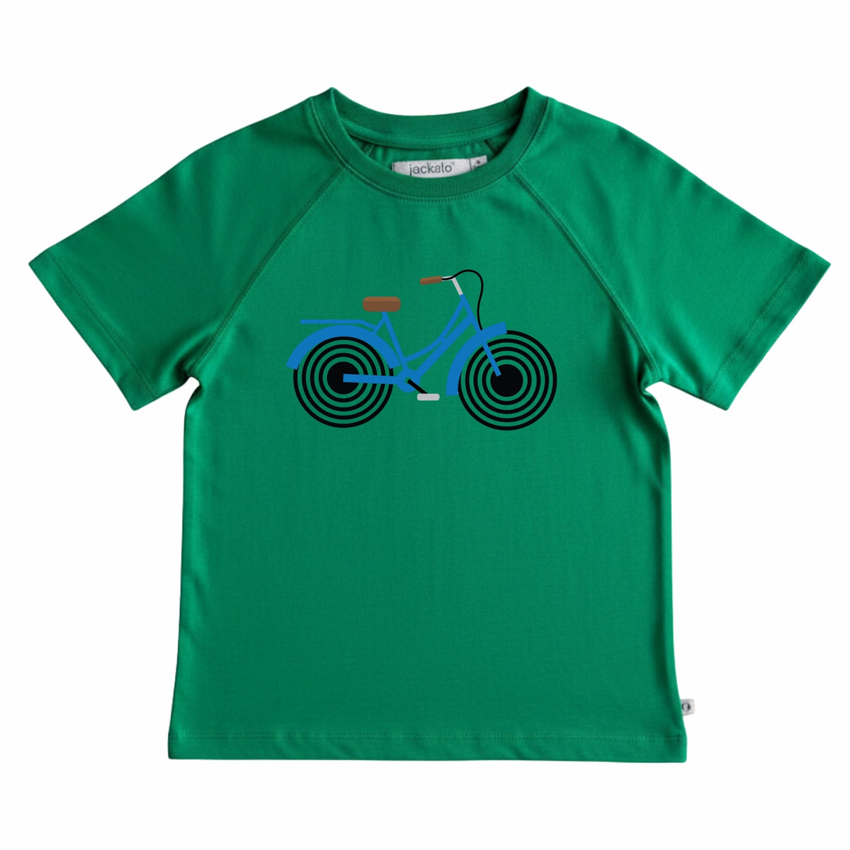 A green raglan short-sleeve t-shirt for kids, featuring a graphic of a blue bicycle with black spiral wheels and a small red seat on the chest. The brand name Jackalo is visible on the inner neck label.