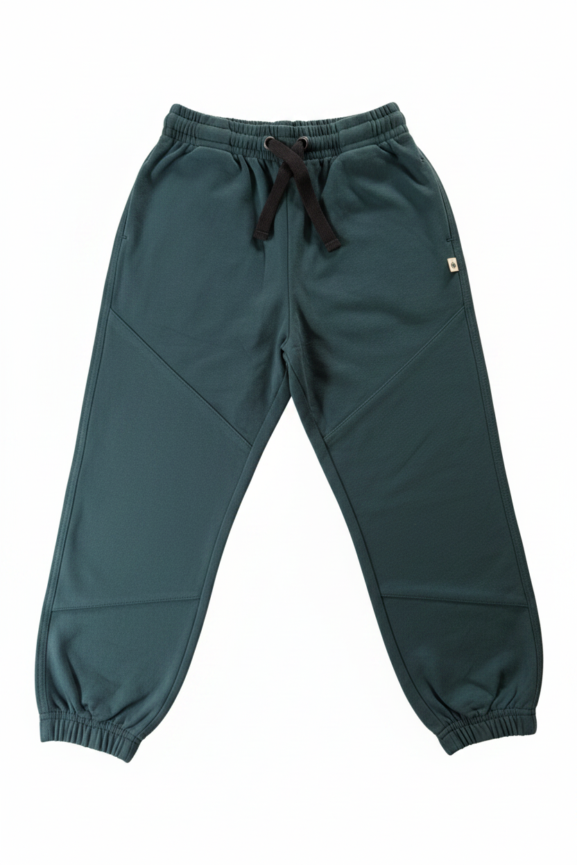 Dark green jogger pants with an elastic waistband, black drawstring, and elastic cuffs, shown flat on a white background.