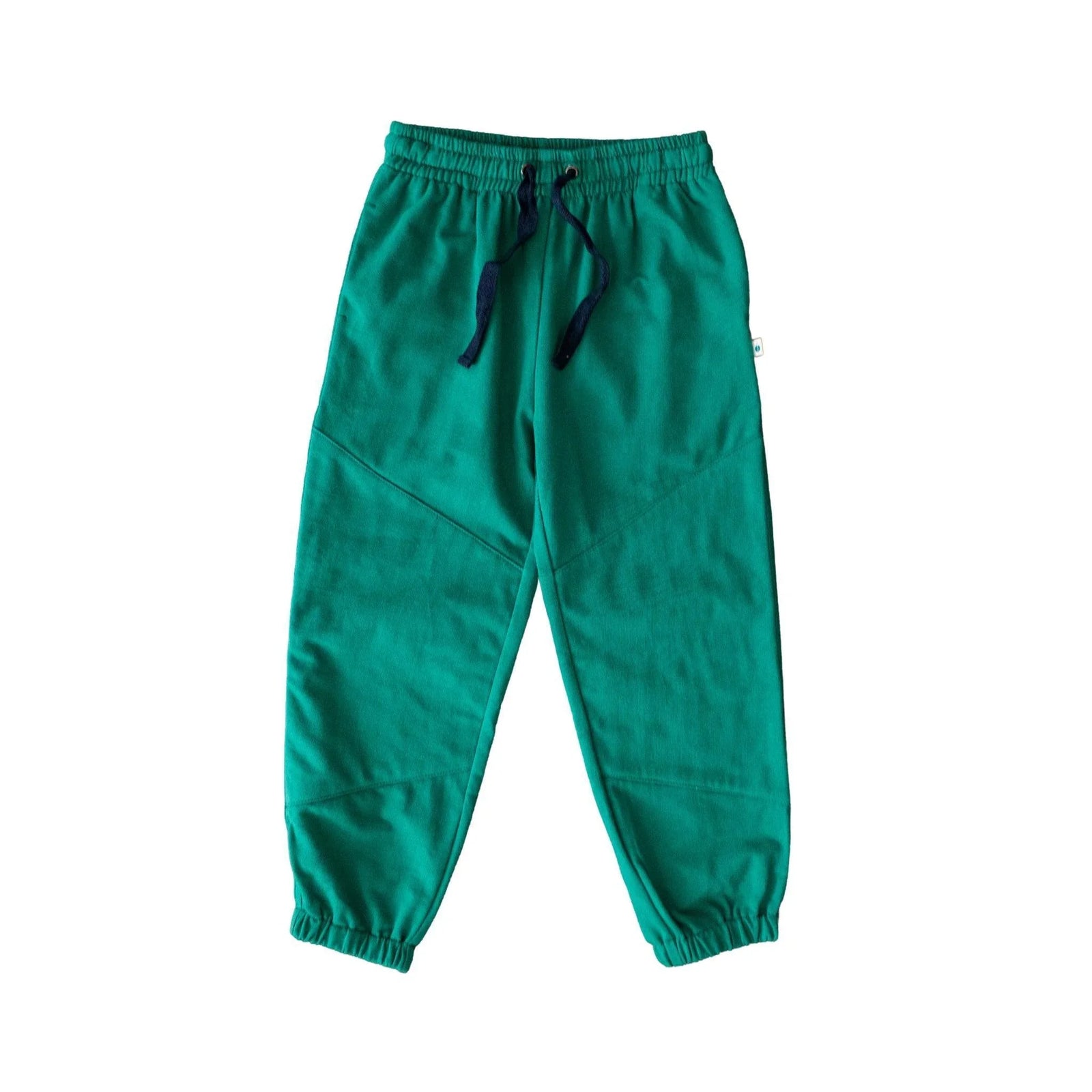 Hunter green kids sweatpants with elastic waist and navy drawstring by Jackalo