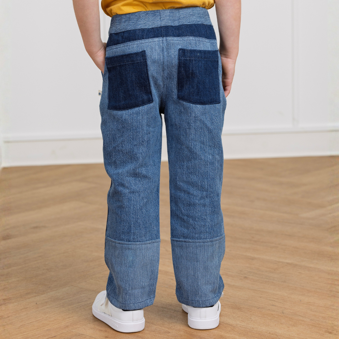 Kids' denim pants with patch pockets, durable and comfortable for active play
