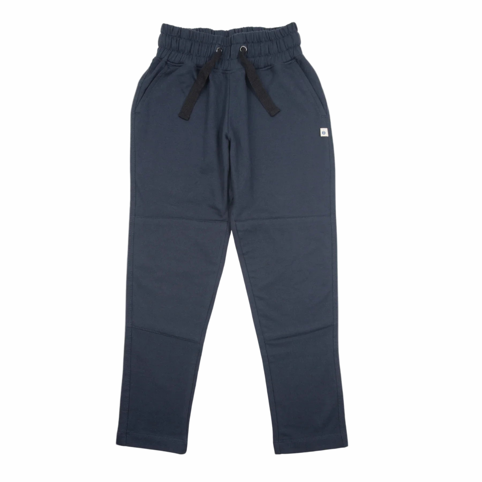 Navy blue kids jogger pants with drawstring waist by Jackalo, sustainable activewear.