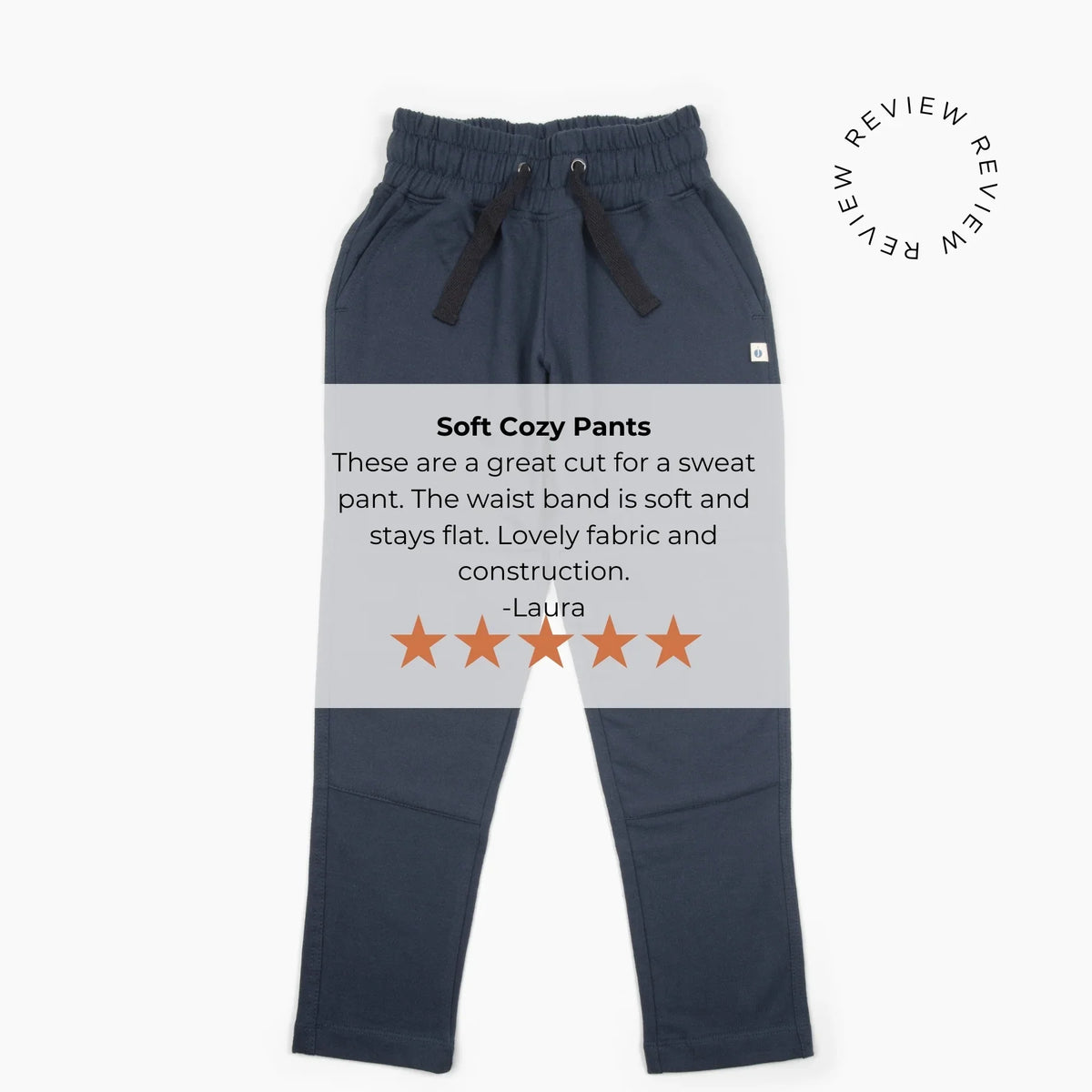 5 star customer review of organic reinforced knee pants for kids in navy by Jackalo