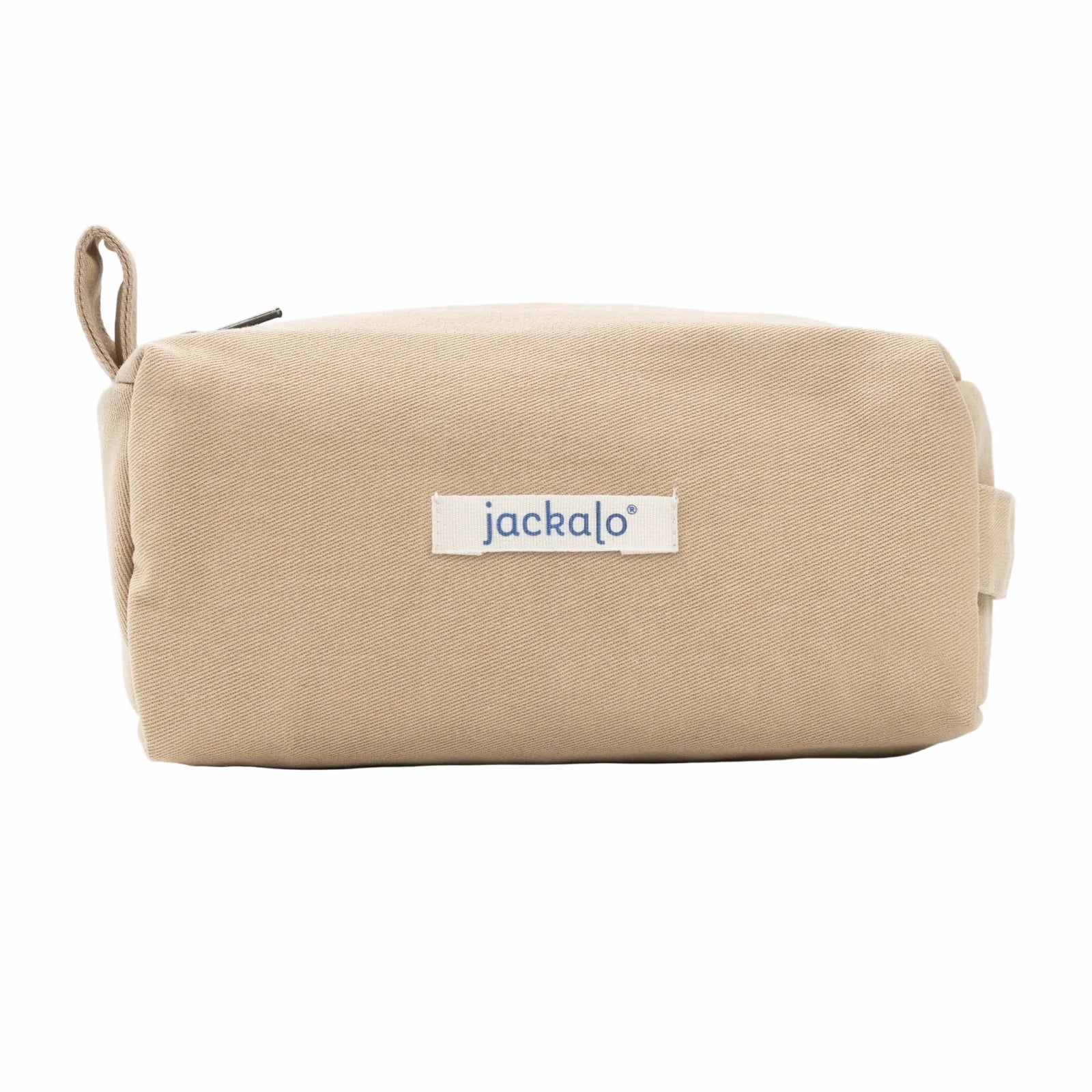 Khaki pencil pouch with Jackalo logo, sustainable kids accessory on white background