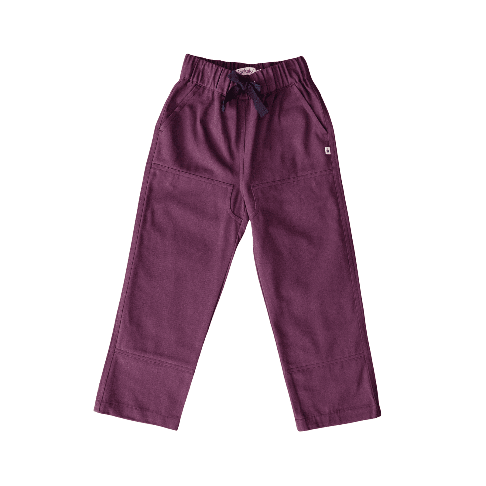 Jackalo kids Jules Pants in plum, sustainable cotton, front view, elastic waist, patch pockets