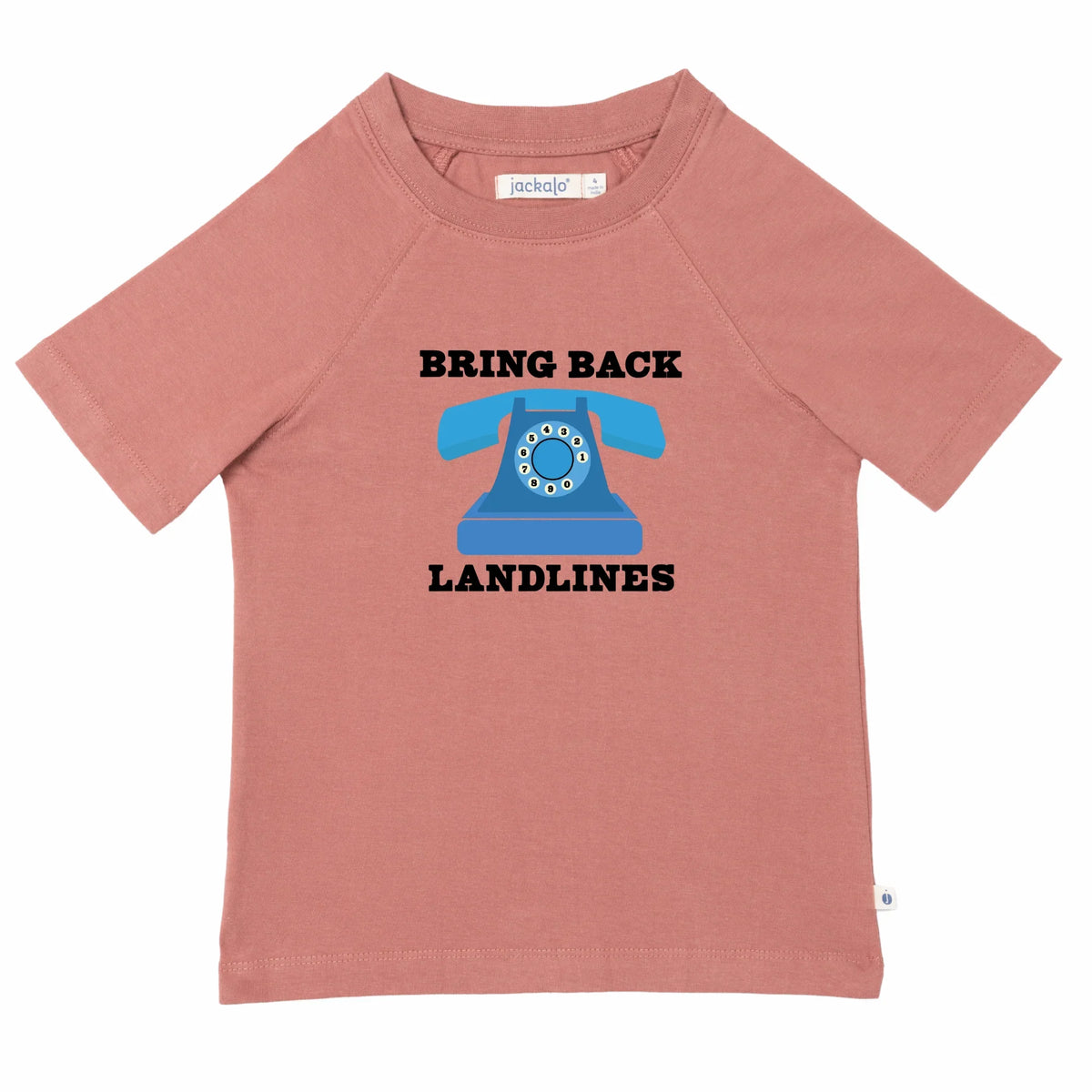 Kids' pink tee with 'Bring Back Landlines' graphic and blue rotary phone design
