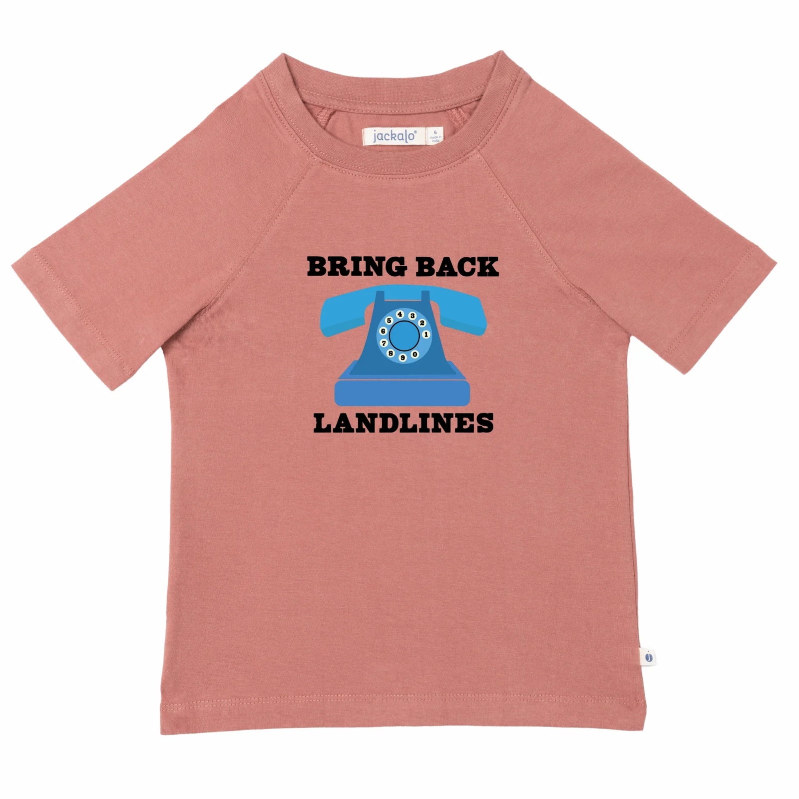 Kids' pink tee with 'Bring Back Landlines' graphic and blue rotary phone design