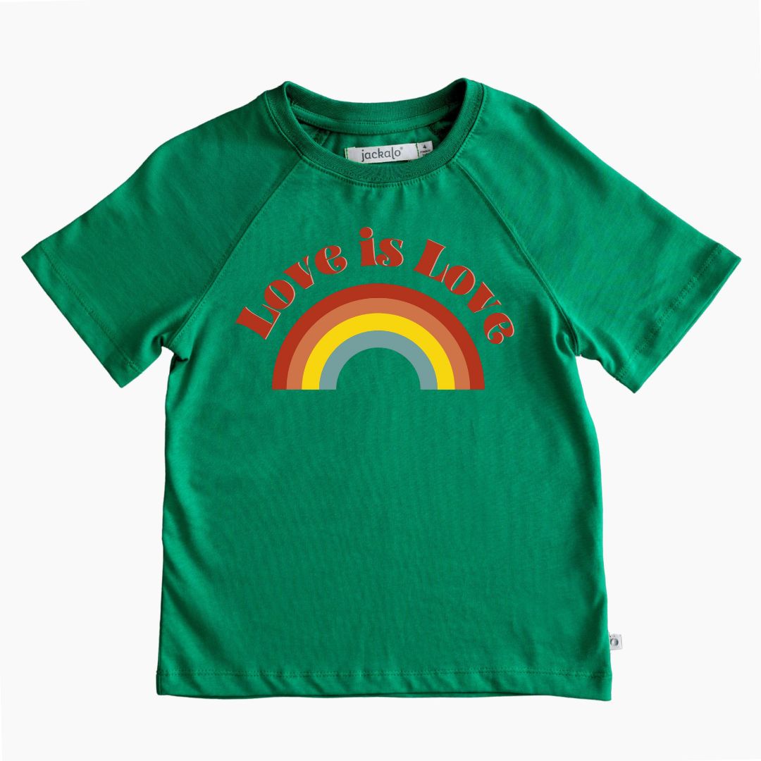 Organic green t-shirt with rainbow and 'Love is Love' text
