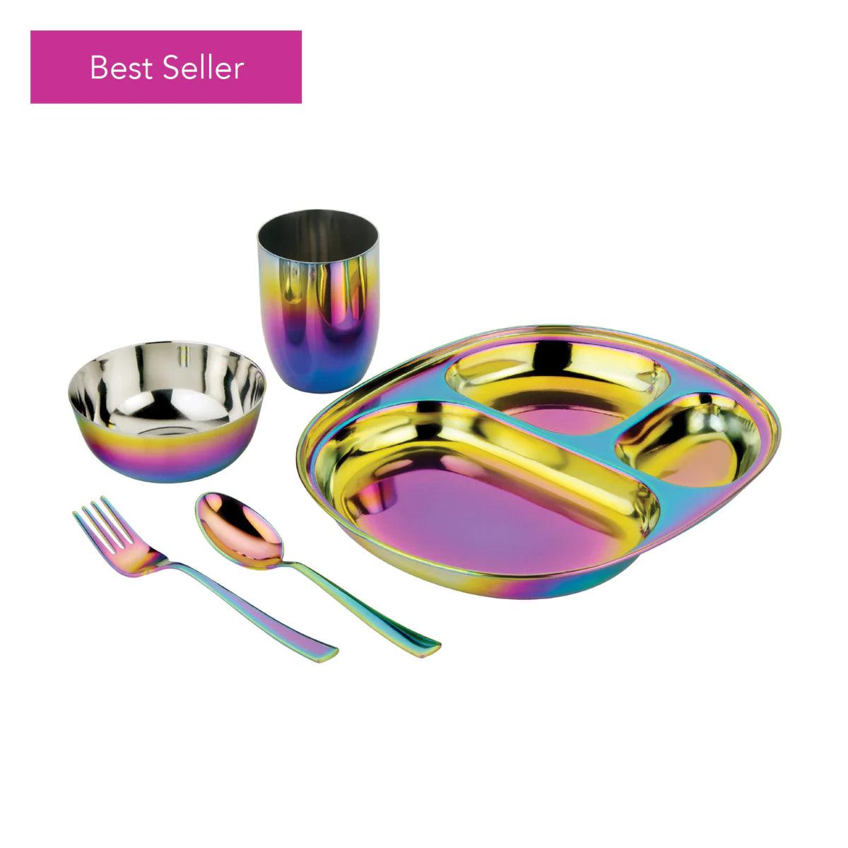 A rainbow-colored dinner set with shiny silverware