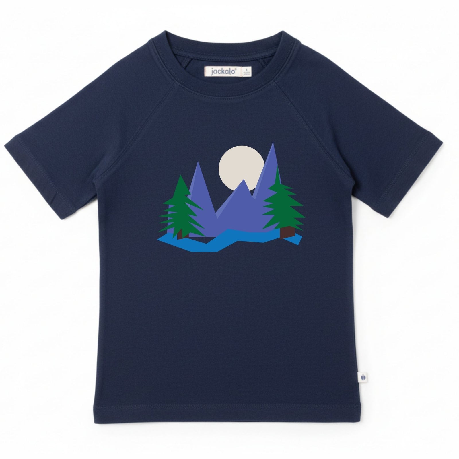 Navy kids t-shirt with mountain, trees, and moon graphic for active outdoor adventures