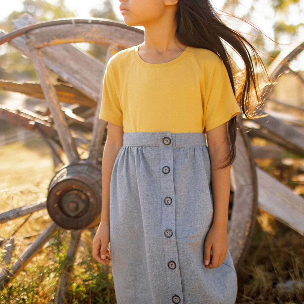 Person wearing a yellow top and blue skirt standing in front of a rustic wheel.