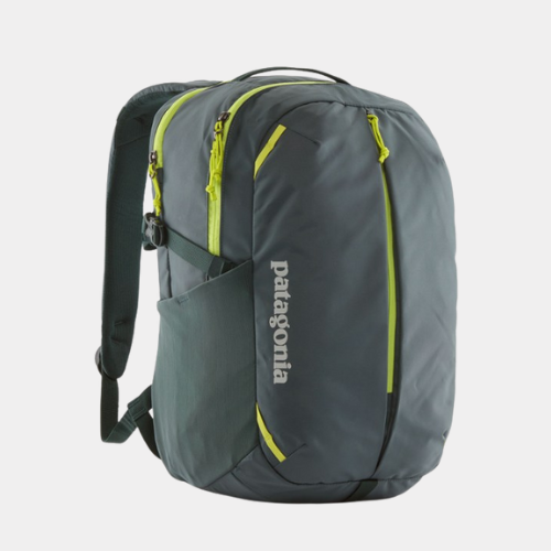 Grey Patagonia backpack featuring bright lime details