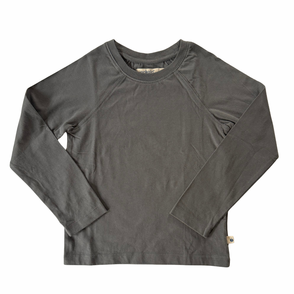 A dark gray long-sleeve raglan shirt with a crew neck, laid flat on a white background.