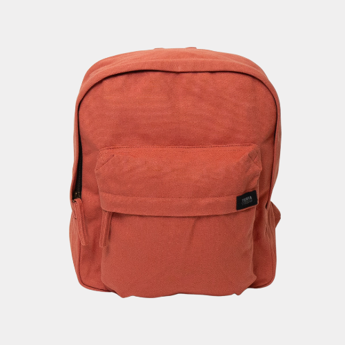 An orange backpack with a handy small pocket