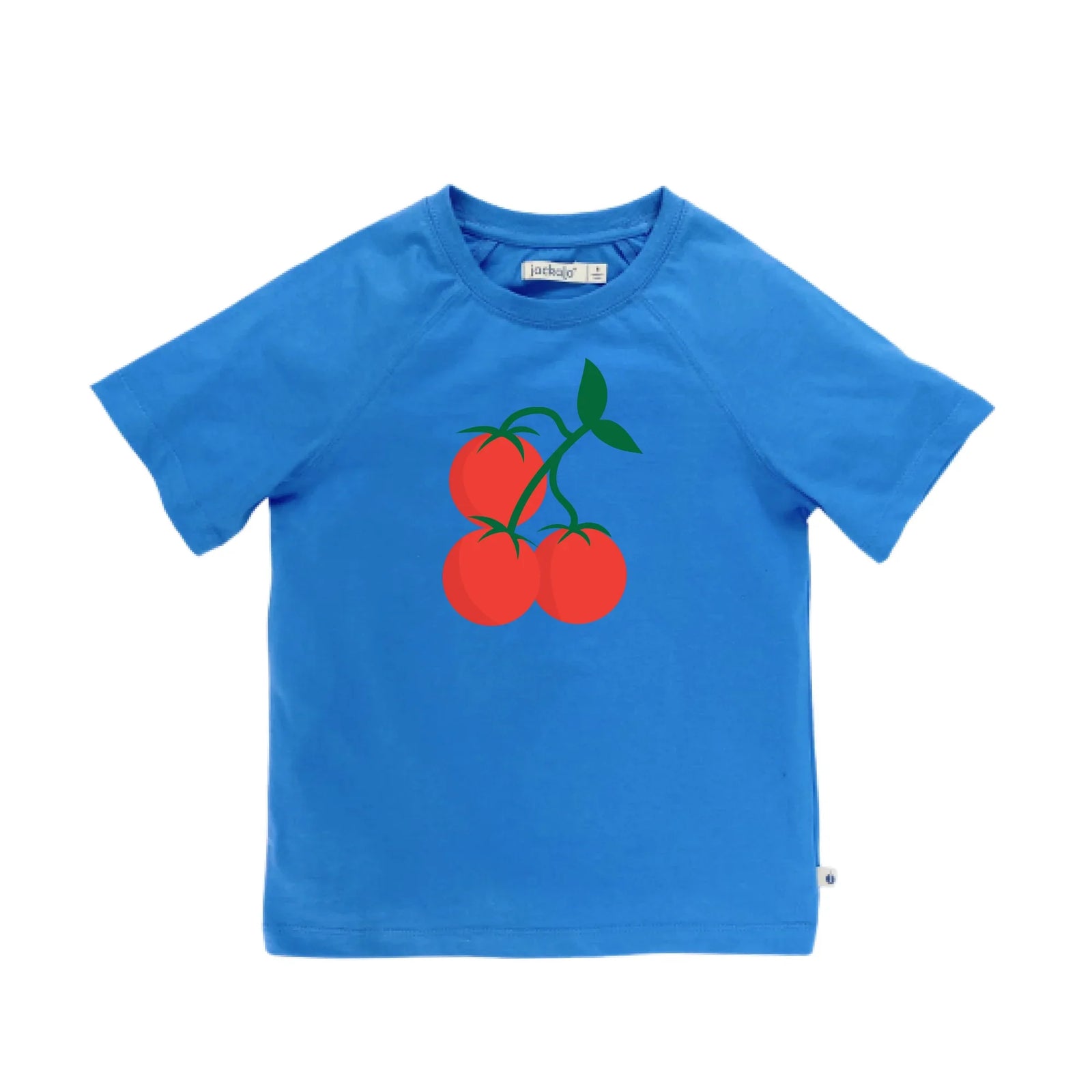 Blue kids t-shirt with red tomato graphic, sustainable and comfortable for active children