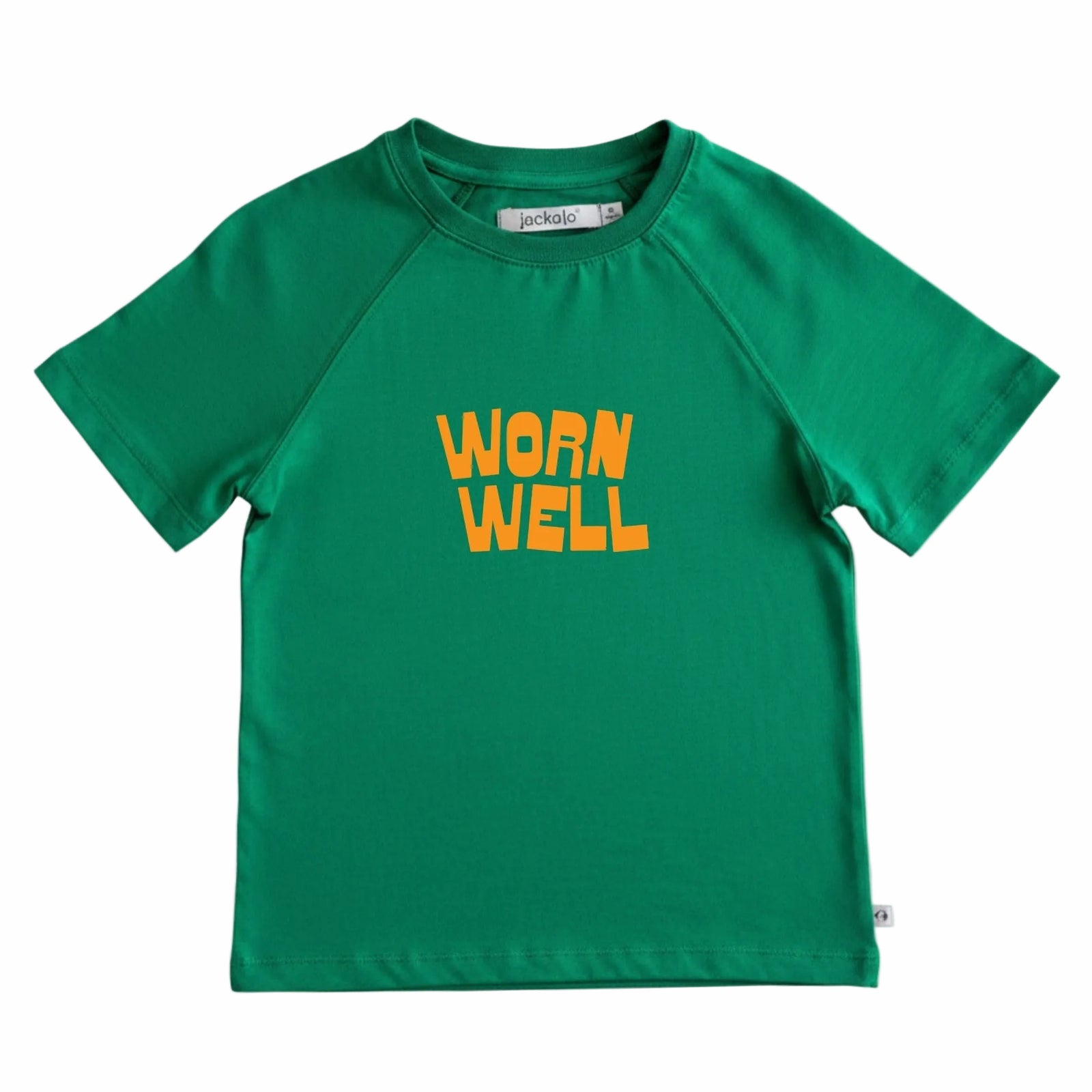 Green t-shirt with 'Worn Well' text on a white background
