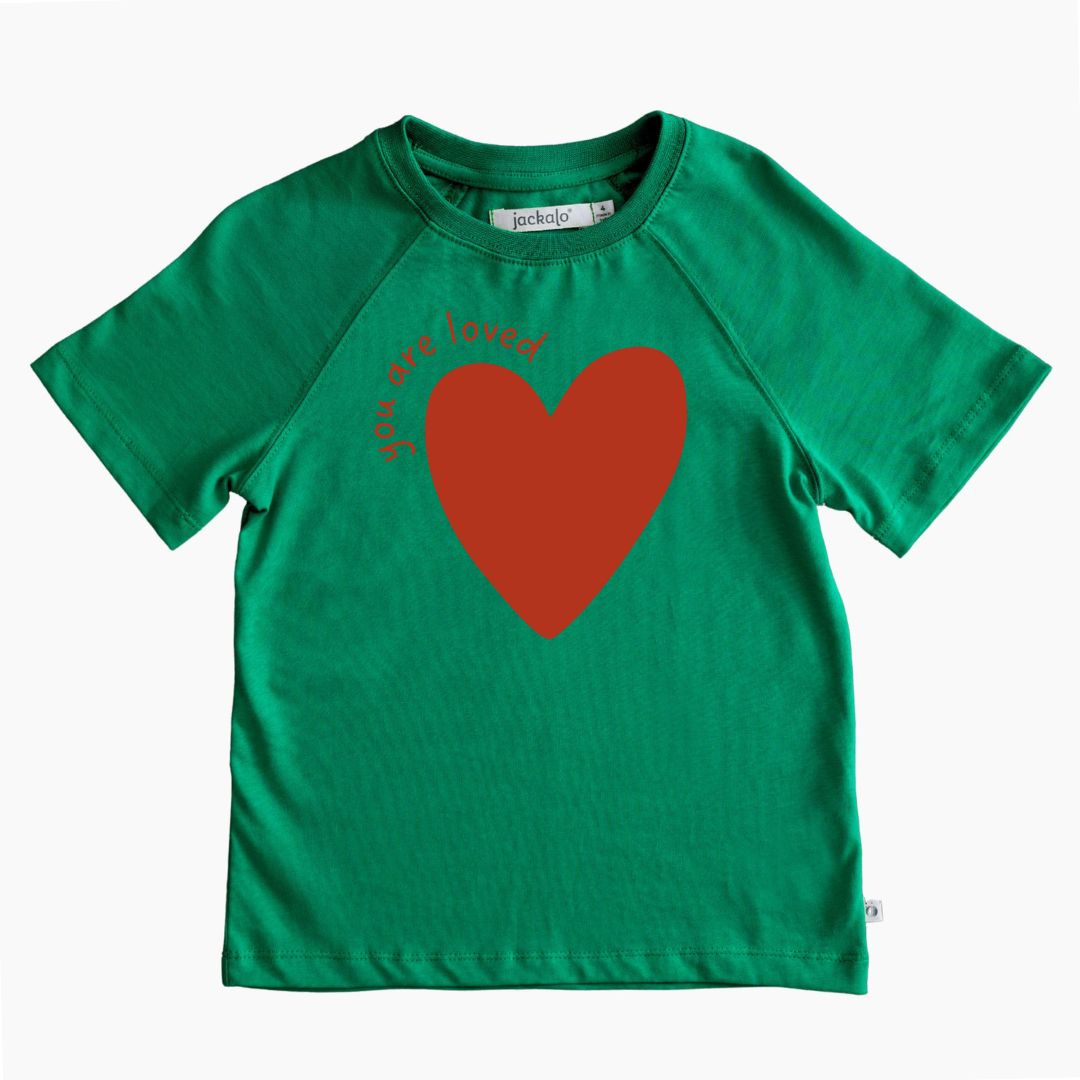 Organic blue t-shirt with a red heart and you are loved text
