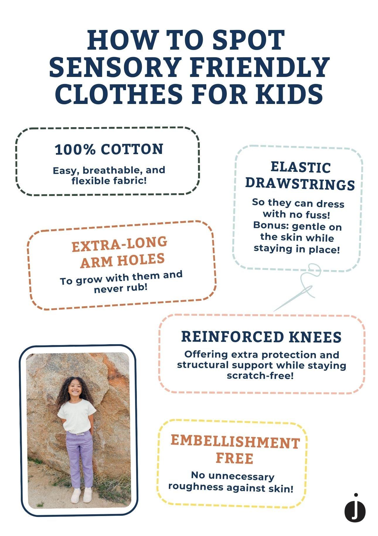 Infographic showing how to spot sensory friendly clothes for kids